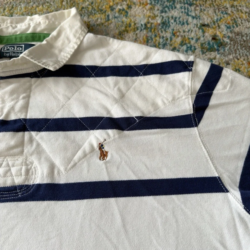 Vintage Polo Ralph Lauren Quilted Shoulder Striped Rugby Polo Shirt XXL